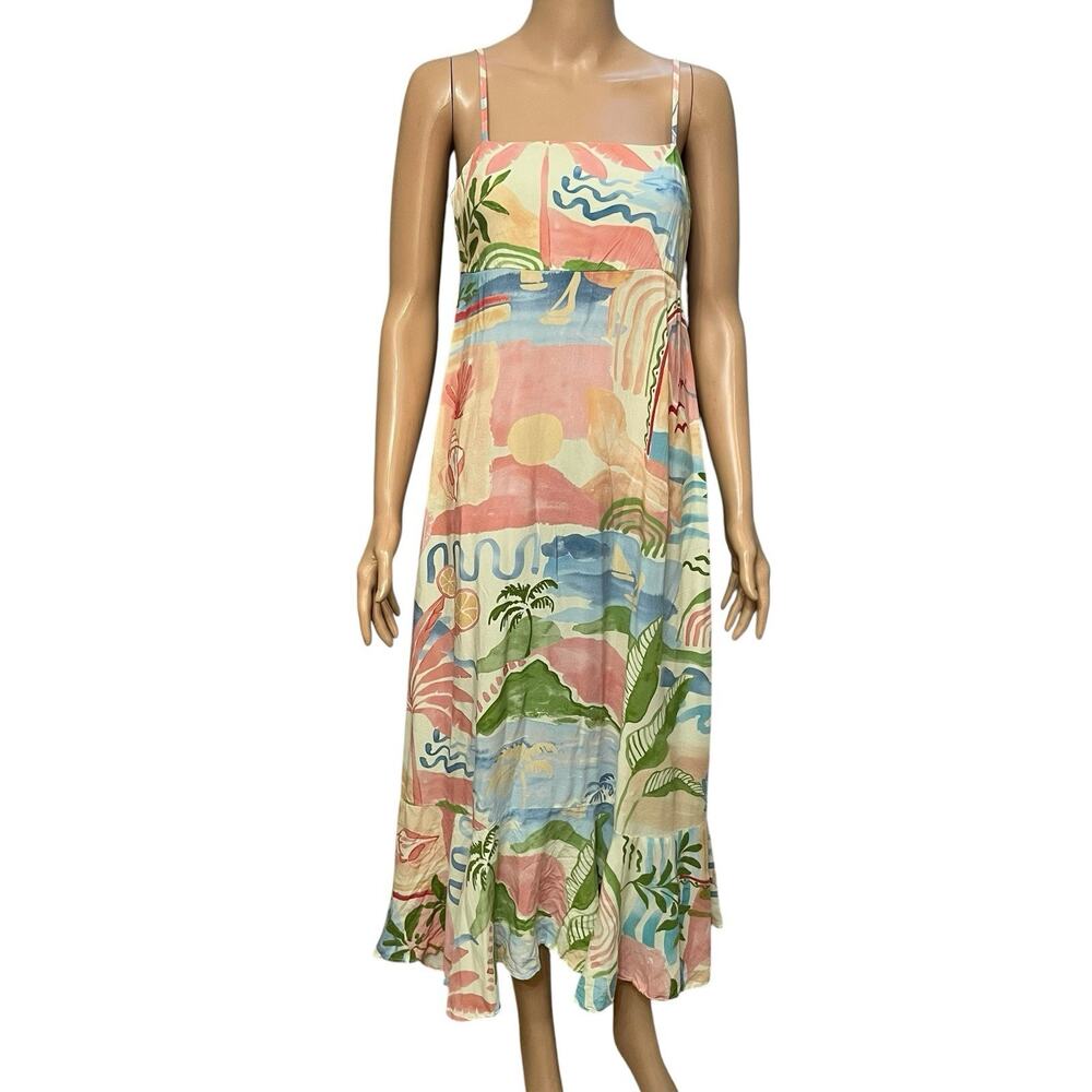 Paper Heart Coastal Tequila Sunrise Maxi Dress Medium Beach Print Tied Back Boho